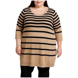 Derek Heart Black Beige Striped Round Neck 3/4 Sleeves Sweater Dress Plus Size 3